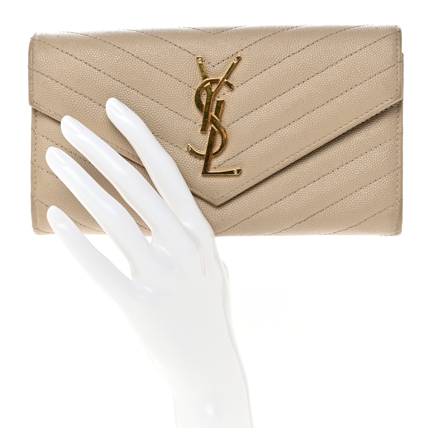 Saint Laurent Grain De Poudre Matelasse Chevron Monogram Flap Wallet Dark Beige 2 of 12