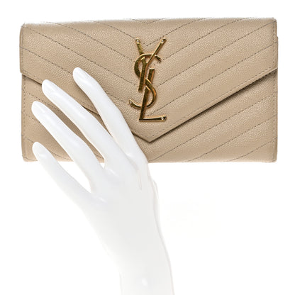 Saint Laurent Grain De Poudre Matelasse Chevron Monogram Flap Wallet Dark Beige 2 of 12