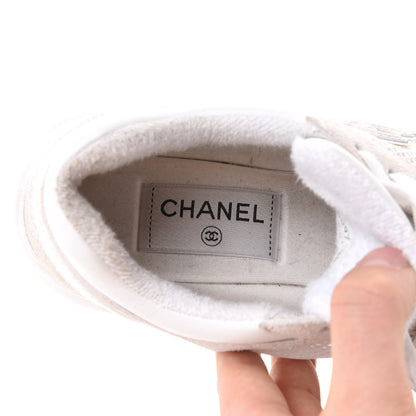 Chanel Suede Calfskin Fabric CC Sneakers 36.5 White Grey 7 of 12