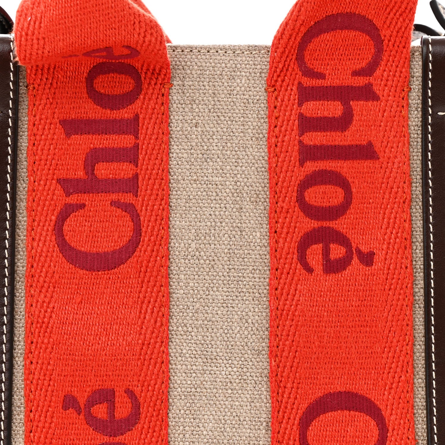 Chloe Cotton Calfskin Small Woody Ribbon Tote With Strap Orange Brown 8 of 17