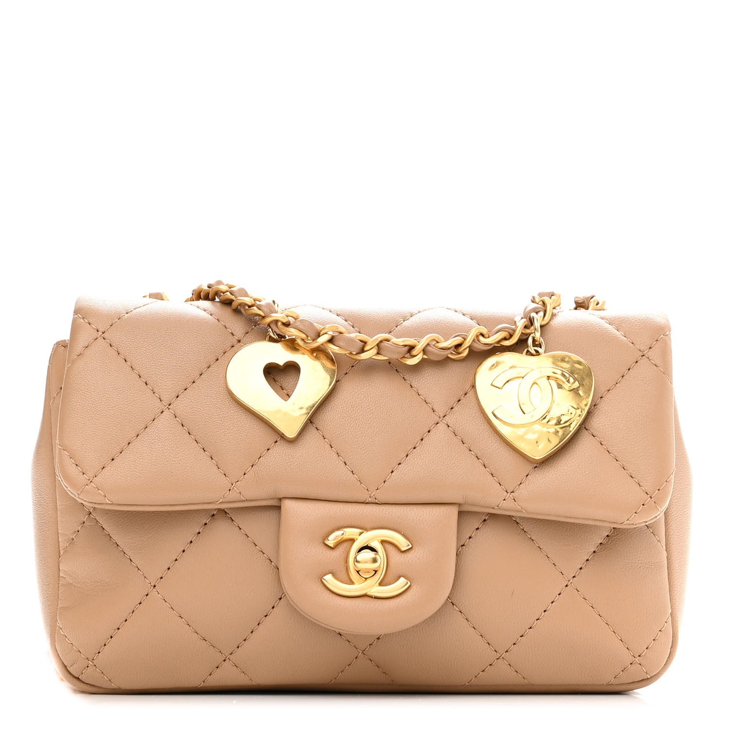 Lambskin Quilted Mini Heart Charms Flap Beige