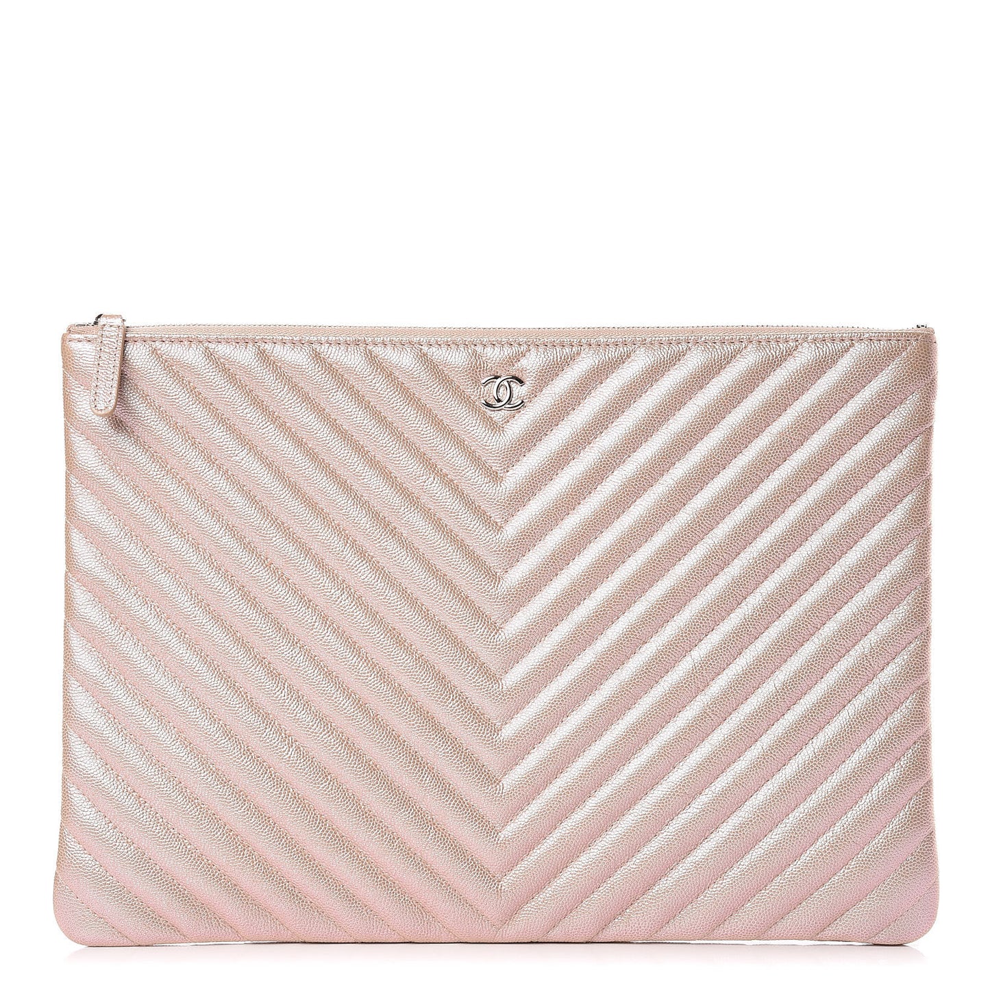 Iridescent Caviar Chevron Quilted Large Cosmetic Case Light Gold