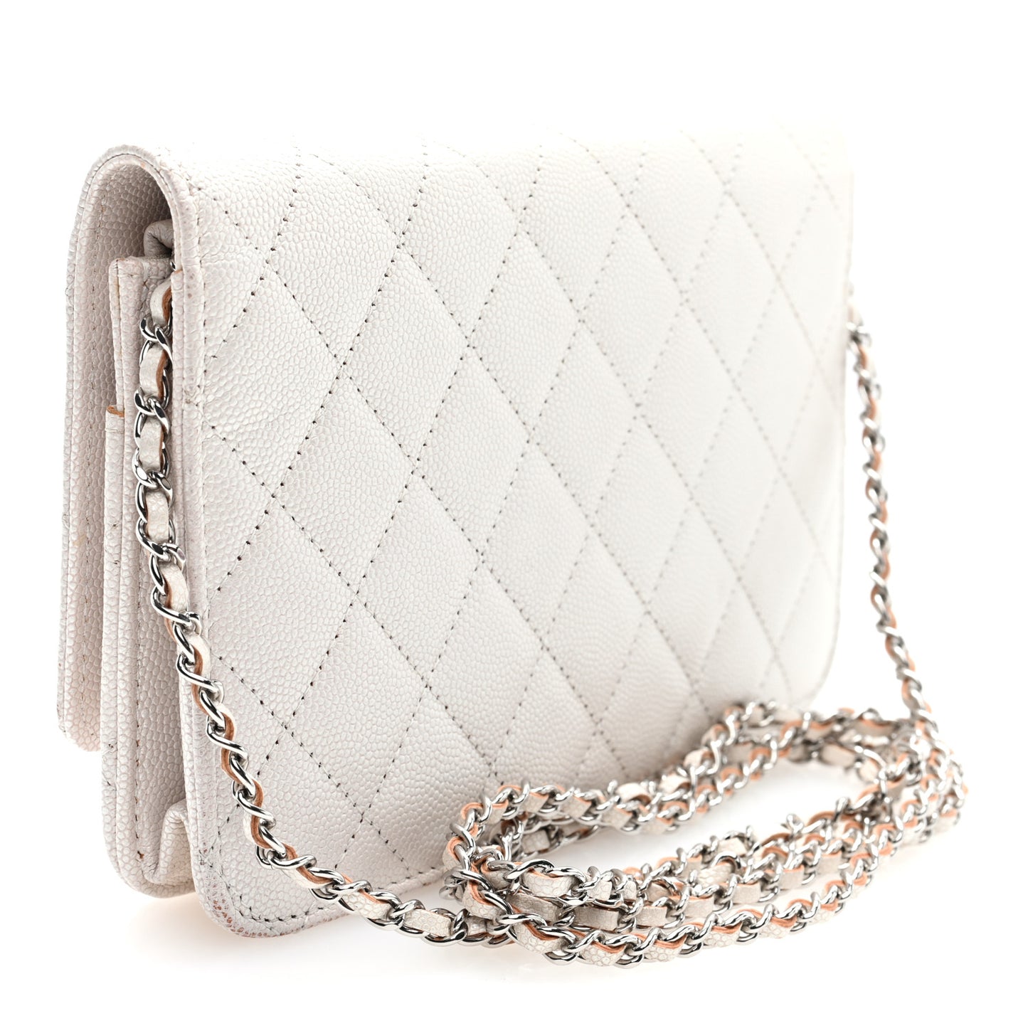Iridescent Caviar Quilted Golden Class Wallet On Chain WOC White