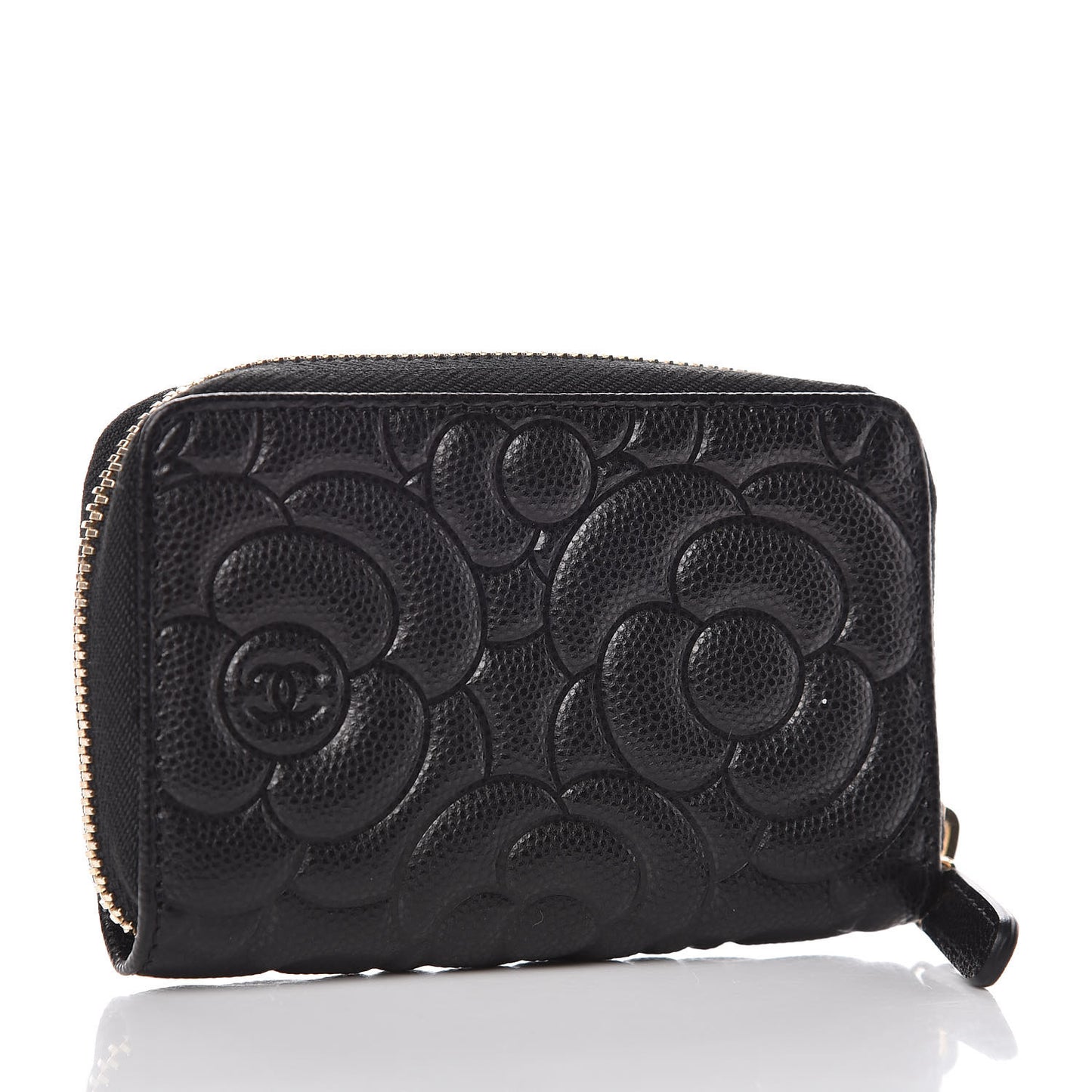Caviar Camellia Embossed Zip Coin Purse Black