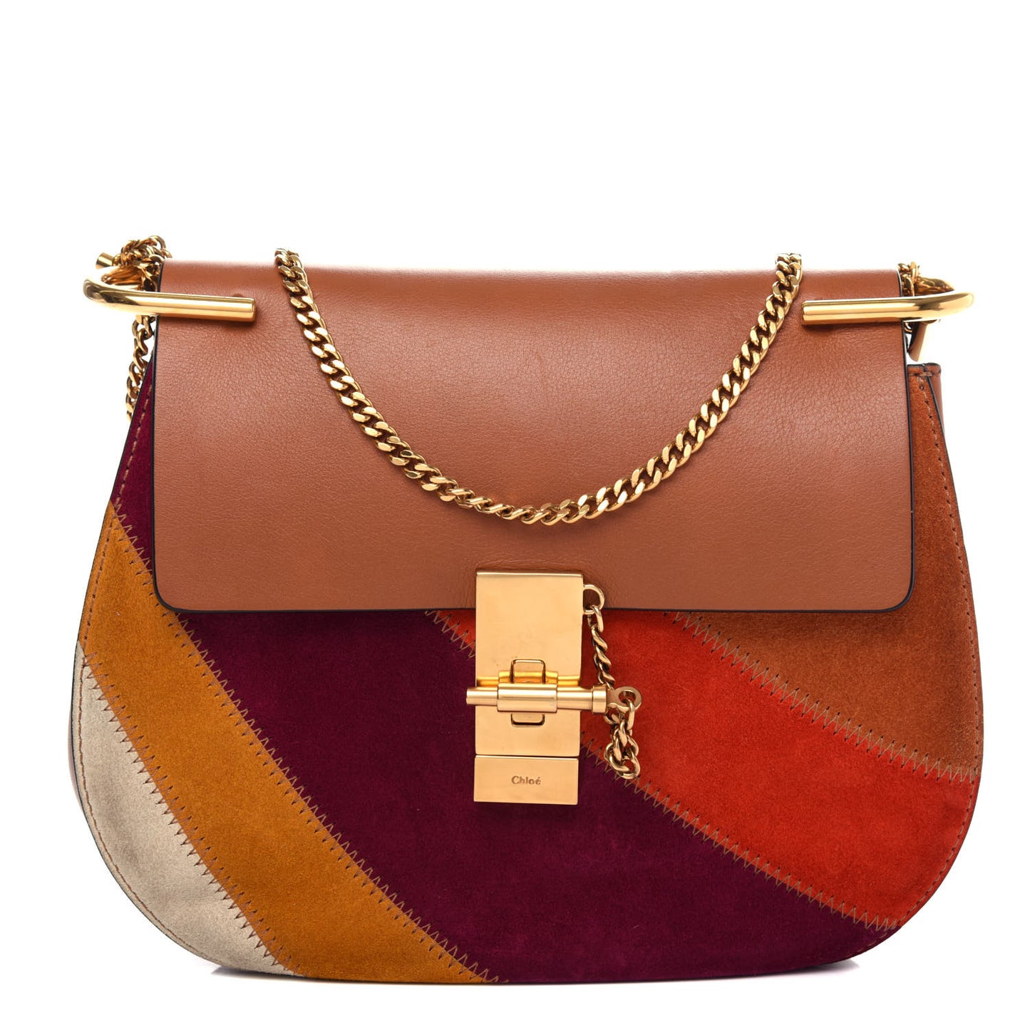 Calfskin Suede Rainbow Patchwork Drew Shoulder Bag Caramel