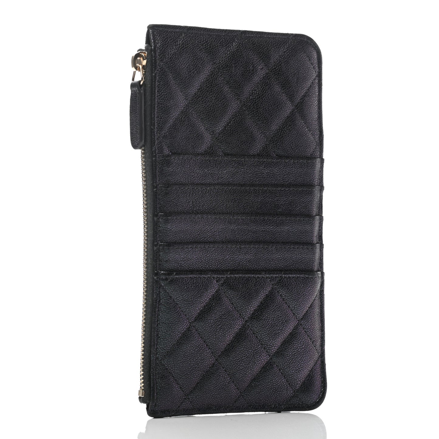 Iridescent Caviar Quilted Classic Flat Wallet Pouch Black