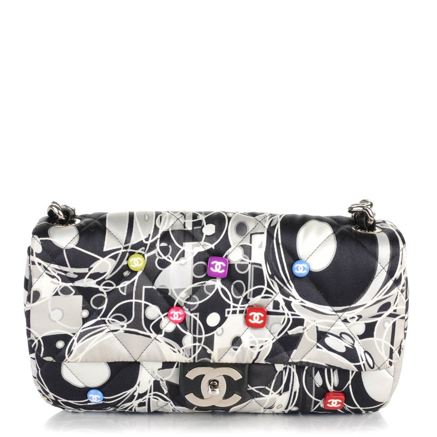 Satin Quilted Medium Kaleidoscope Flap Black White
