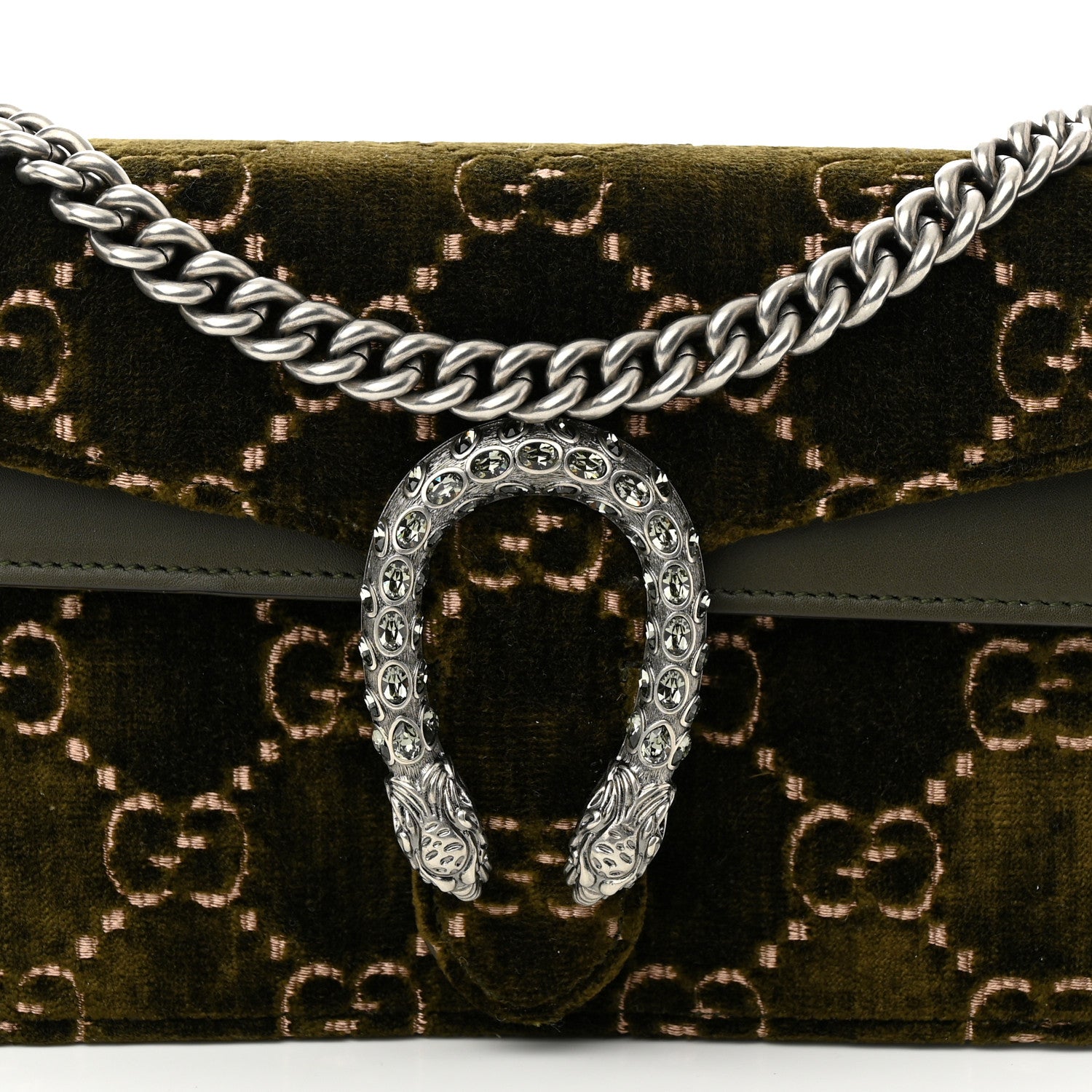 Gucci Velvet Moon Calfskin Crystal GG Monogram Small Dionysus Shoulder Bag Dark Olive Rose Gold 8 of 10