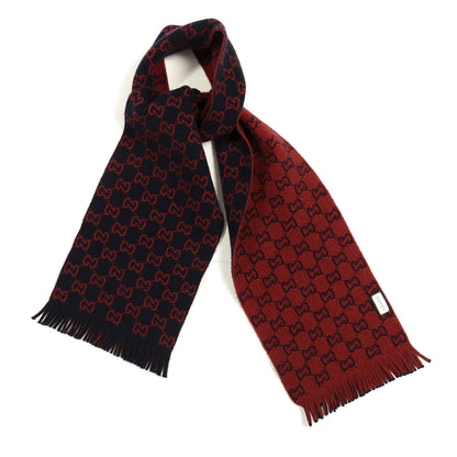 Gucci Wool GG Monogram Knit Longfog Fringe Scarf Midnight Blue Red 1 of 4