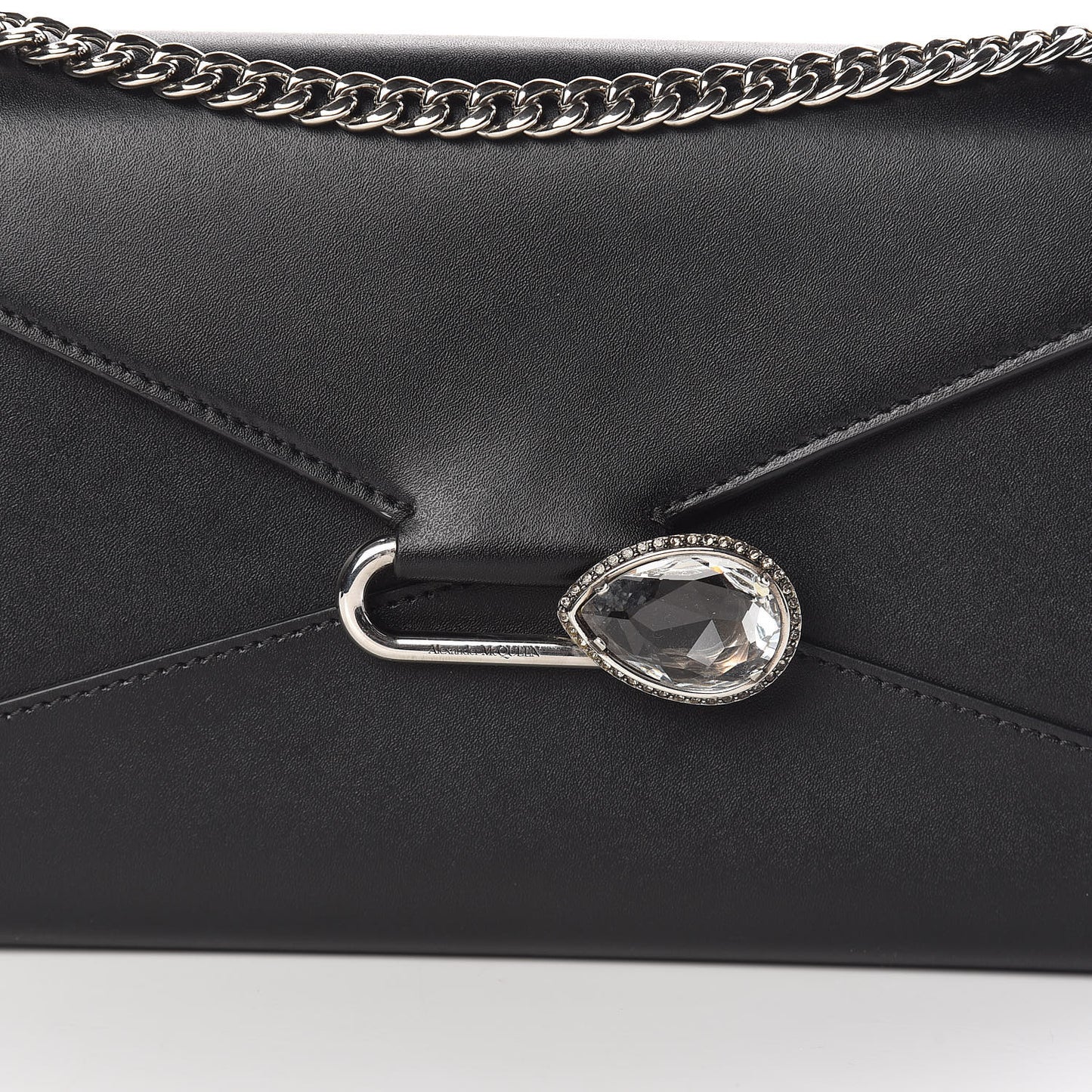 Calfskin Crystal Pin Envelope Wallet On Chain Black