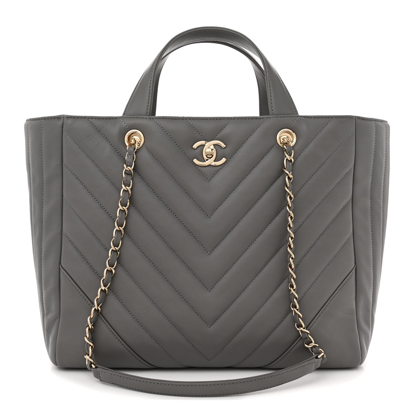 Calfskin Chevron Quilted Statement Shopping Tote Grey