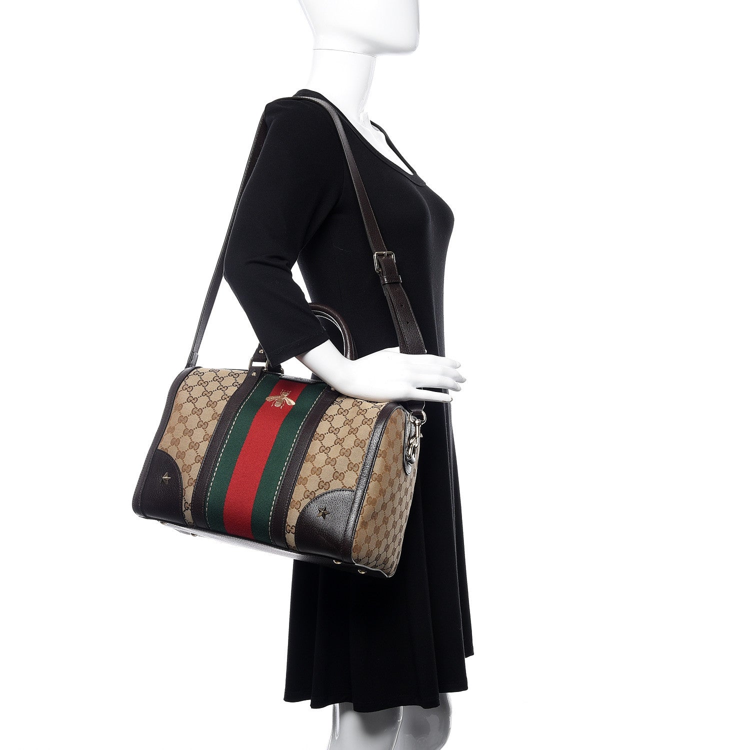 Gucci Monogram Vintage Web Medium Webby Bee Boston Dark Brown 2 of 11