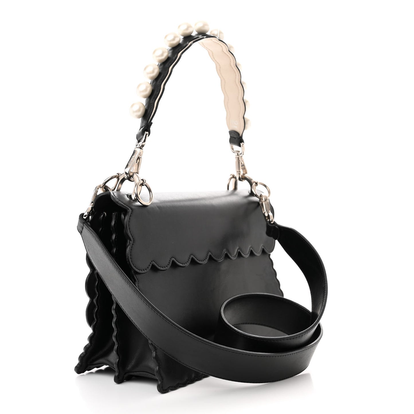 Vitello Liberty Pearl Bi-Color Flowers and Bows Scalloped Studded Kan I Shoulder Bag Black Camelia