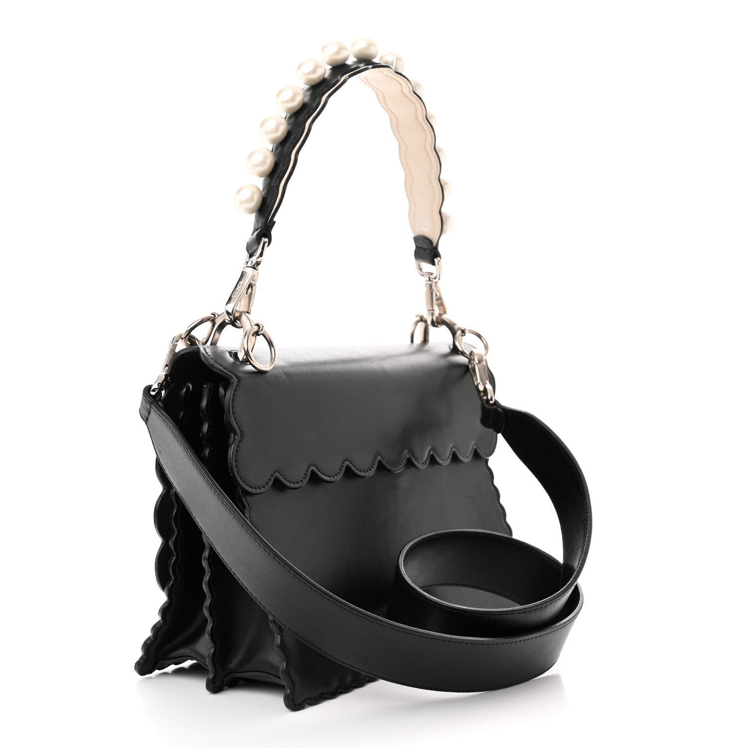 Fendi Vitello Liberty Pearl Bi-Color Flowers and Bows Scalloped Studded Kan I Shoulder Bag Black Camelia 3 of 16