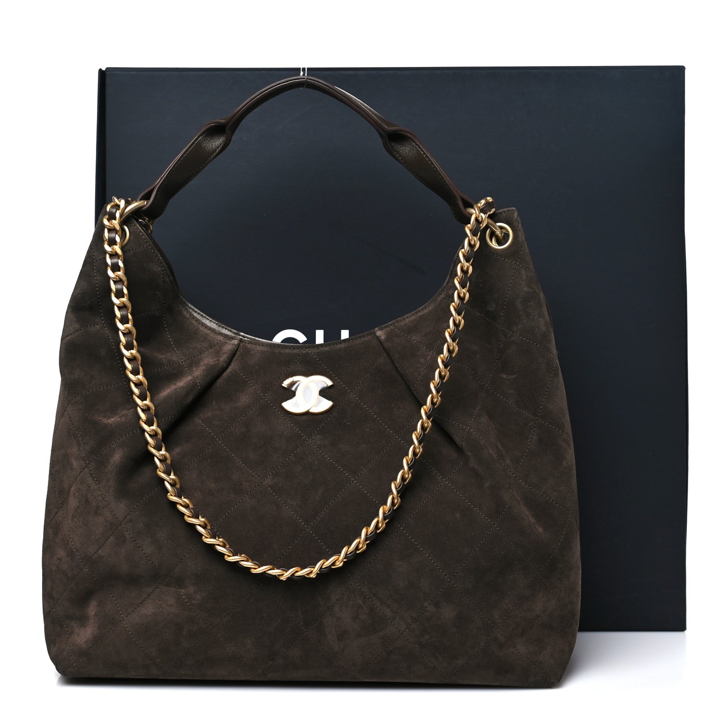 Suede Calfskin Lambskin Quilted Maxi Hobo Dark Brown
