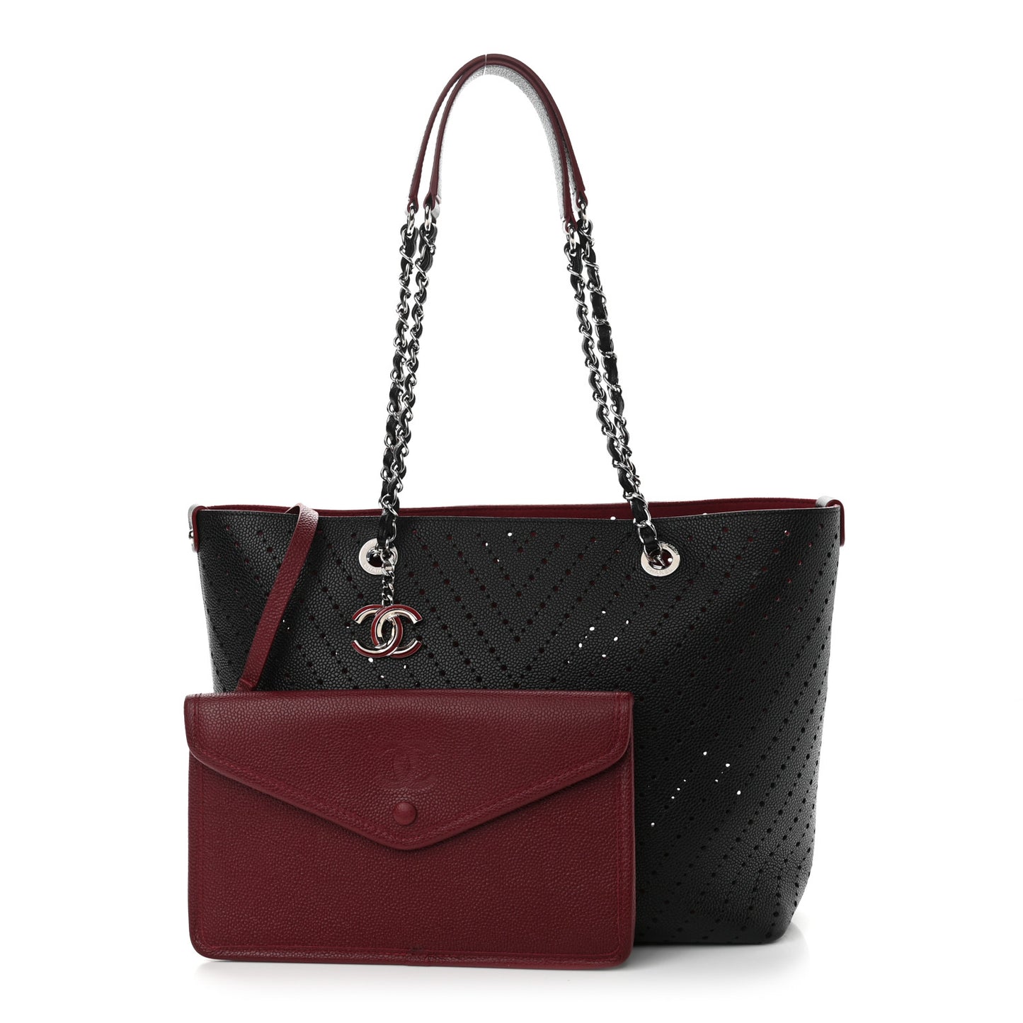 Perforated Grained Calfskin Small Shopping Tote Black