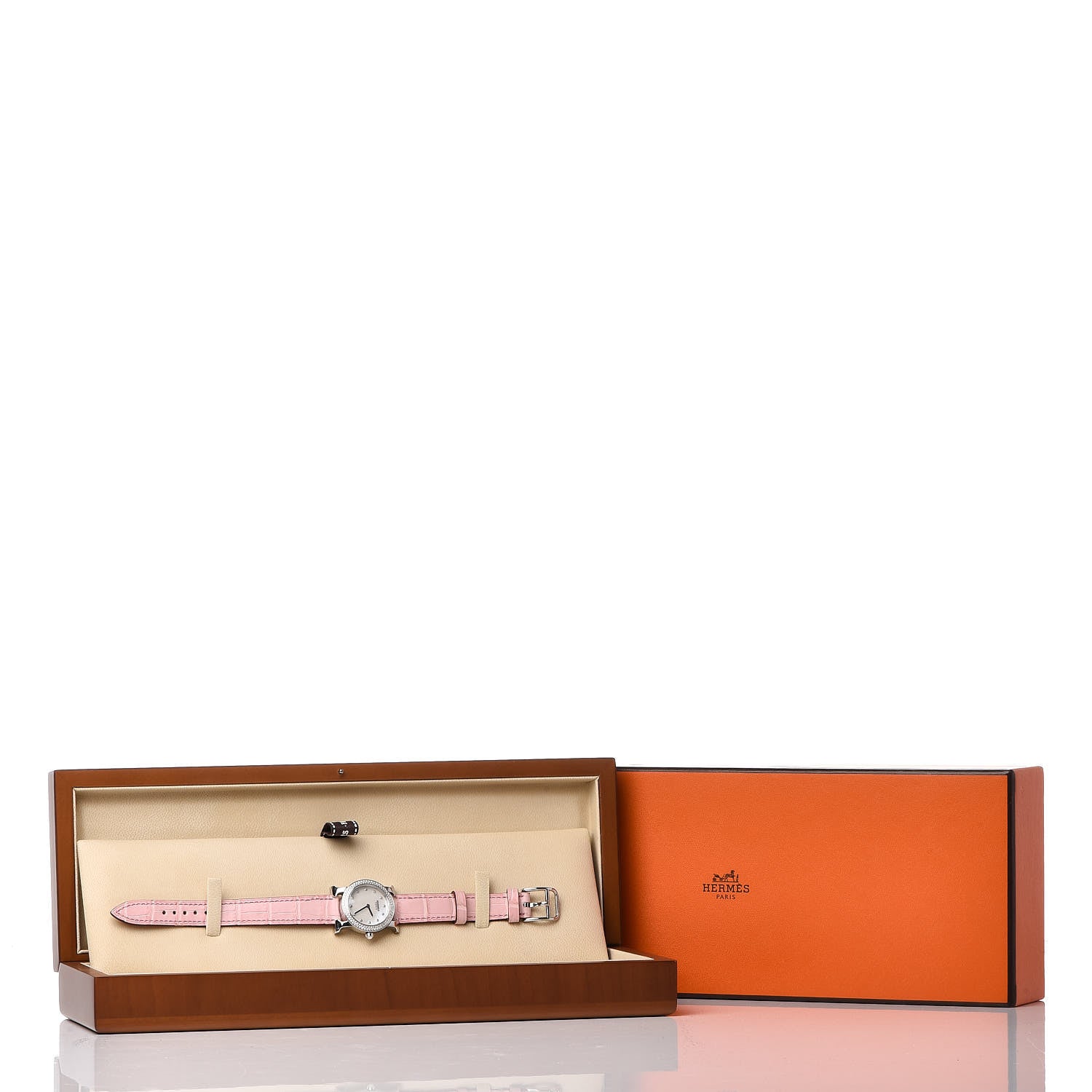Hermes Stainless Steel Alligator Diamond Mother of Pearl 25mm Heure H Ronde Quartz Watch Pink 10 of 10