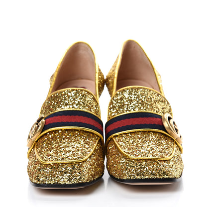 Gucci Glitter Nappa Web Peyton 75mm Loafer Pumps 37 Oro Vecchio 2 of 8