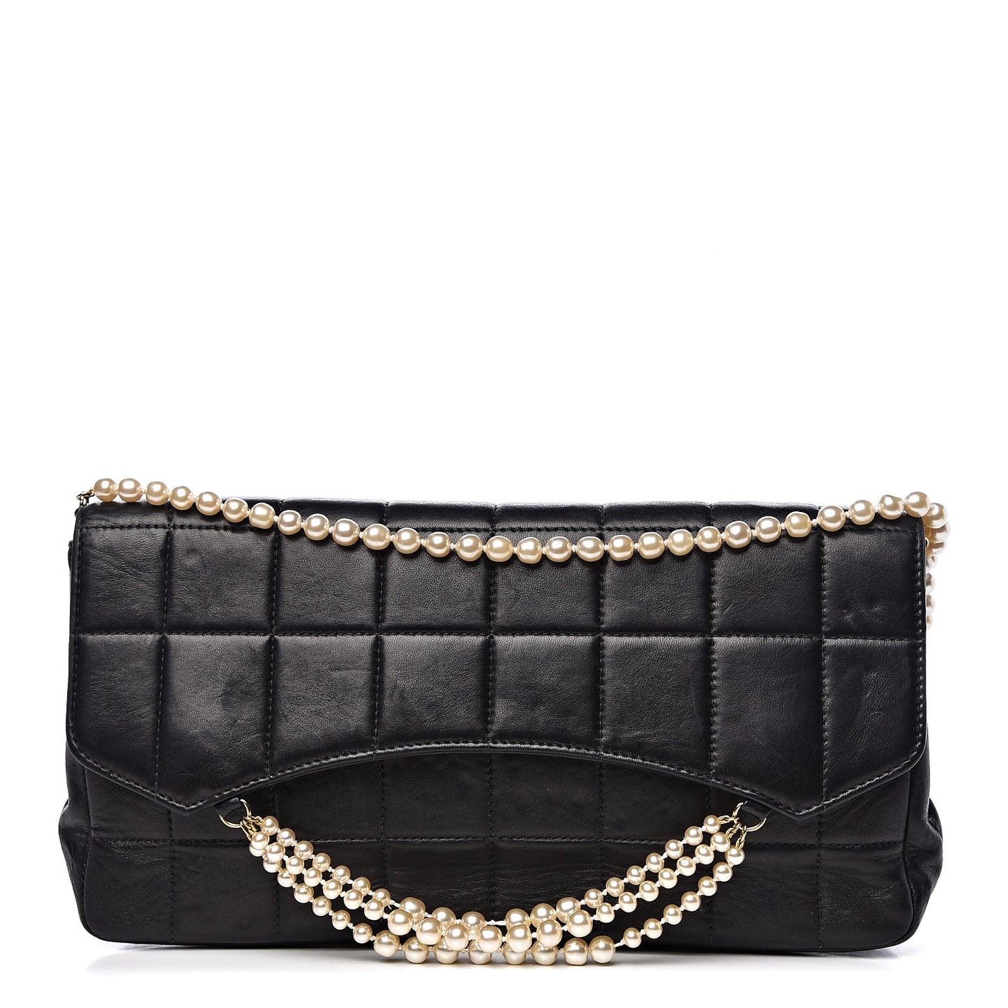 Lambskin Chocolate Bar Pearl Chain Flap Black