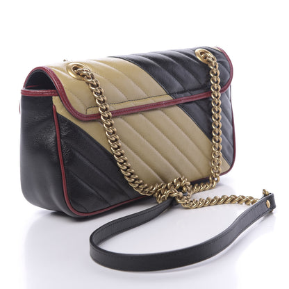 Gucci Vintage Effect Calfskin Matelasse Diagonal Striped Small Torchon GG Marmont Shoulder Bag Black Beige 3 of 11