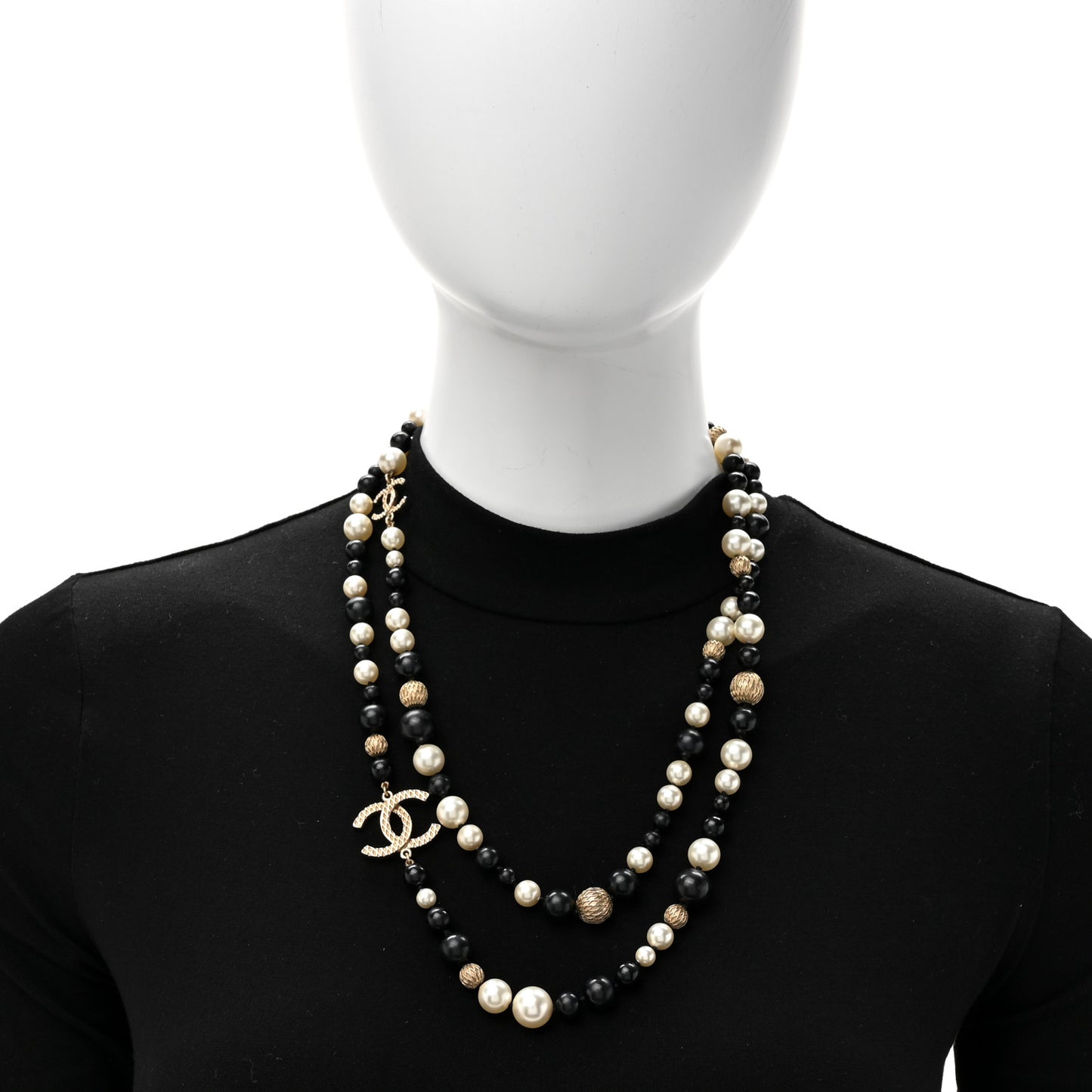 Metal Pearl Beaded Textured CC Long Necklace Gold Black White