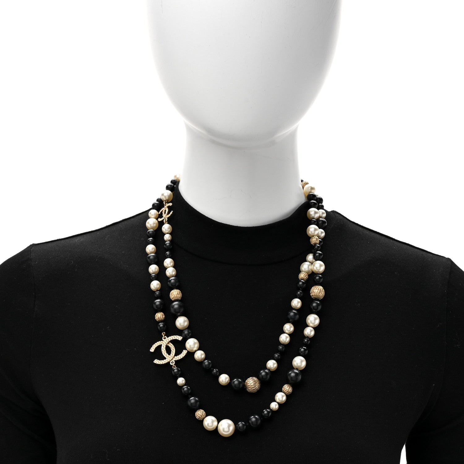 Chanel Metal Pearl Beaded Textured CC Long Necklace Gold Black White 3 of 5