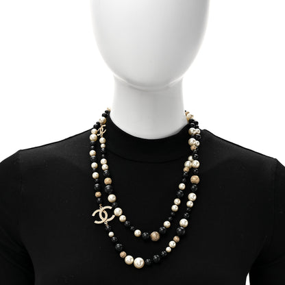 Chanel Metal Pearl Beaded Textured CC Long Necklace Gold Black White 3 of 5
