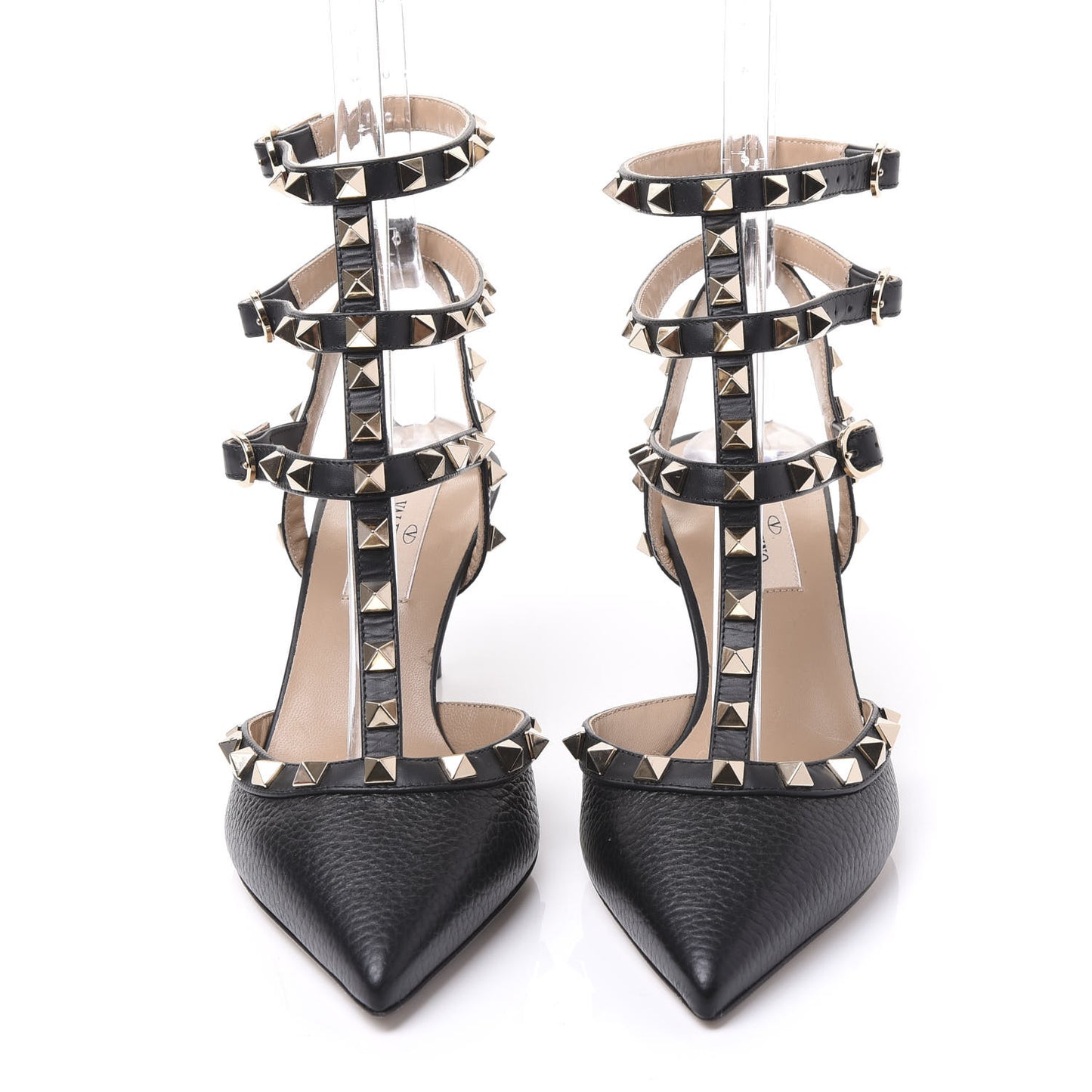 Pebbled Calfskin Rockstud Ankle Strap 65mm Pumps 37 Black