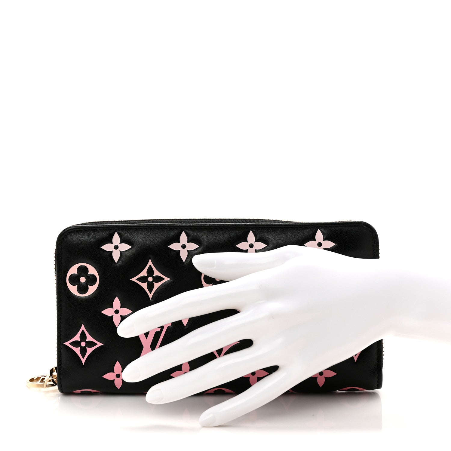 Louis Vuitton Lambskin Embossed Monogram LV Ski Coussin Zippy Wallet Black Pink 2 of 7