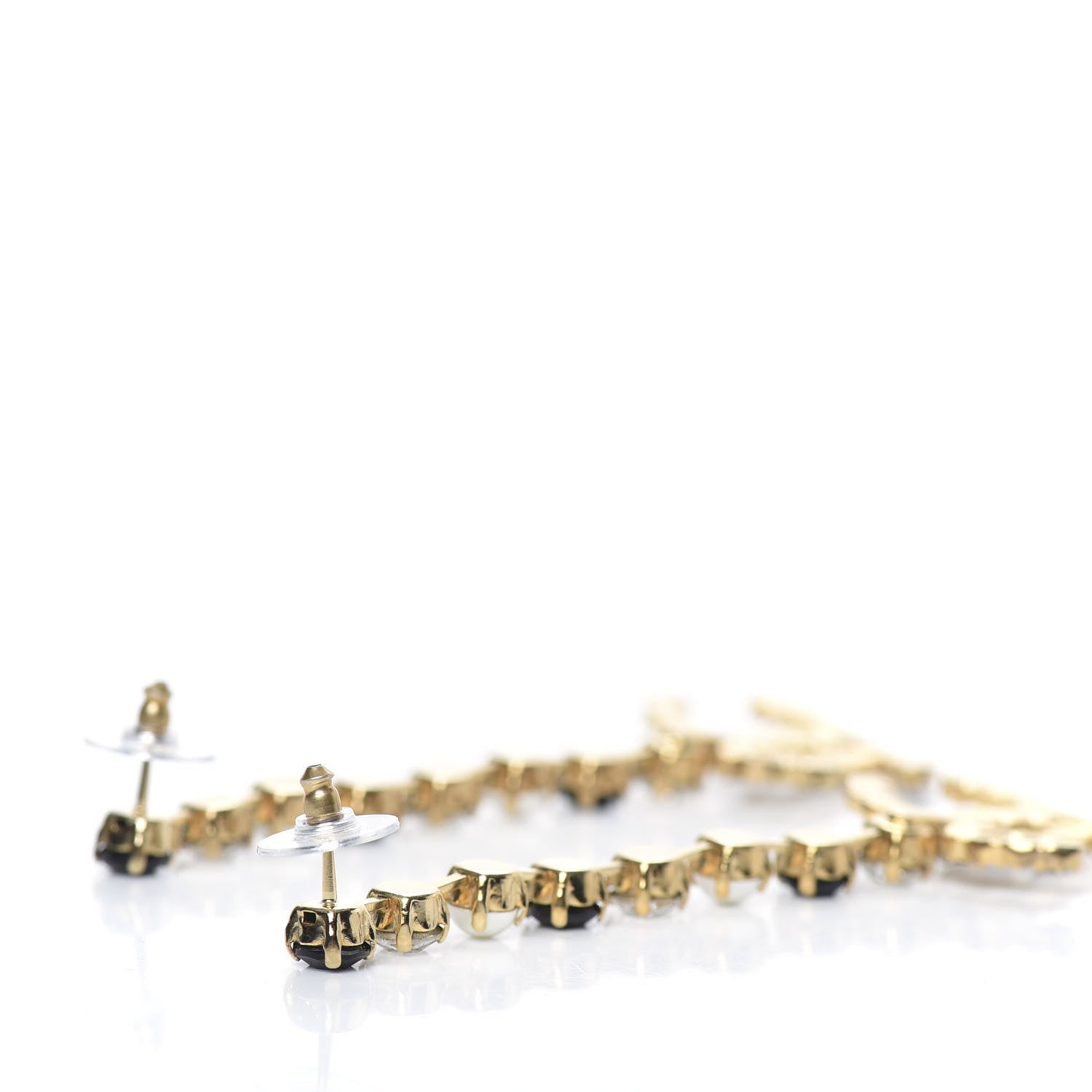 Chanel Resin Crystal Pearl CC Long Drop Earrings Gold Black 3 of 5