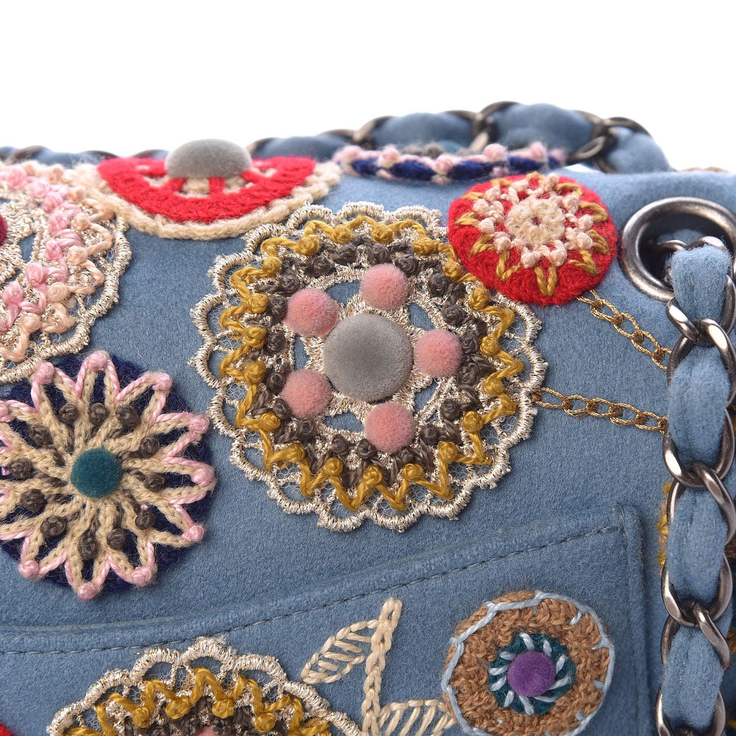 Felt Flower Embroidered Medium Double Flap Blue Multicolor