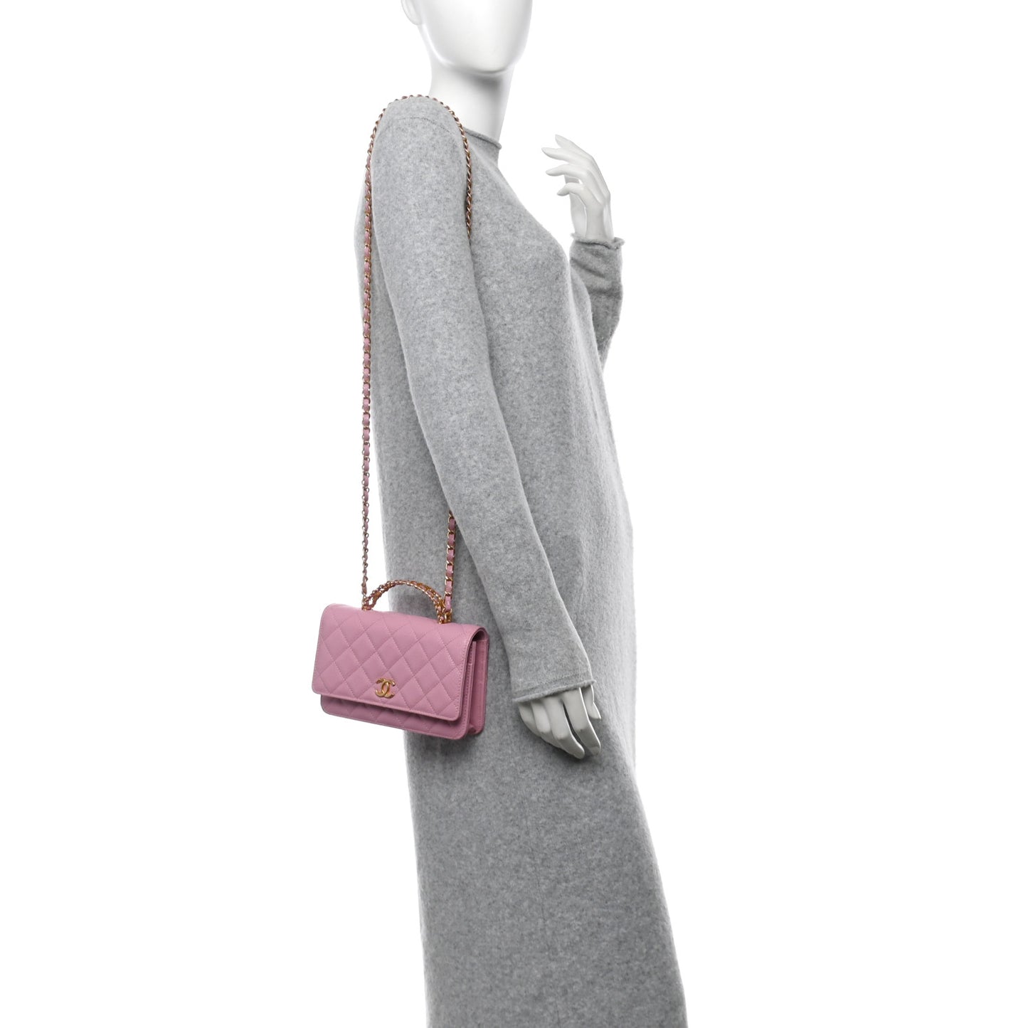 Shiny Caviar Quilted Pick Me Up Wallet On Chain WOC Pink