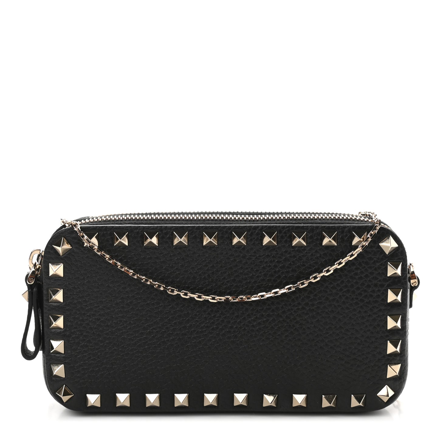 Pebbled Calfskin Rockstud Double Zip Camera Crossbody Bag Black