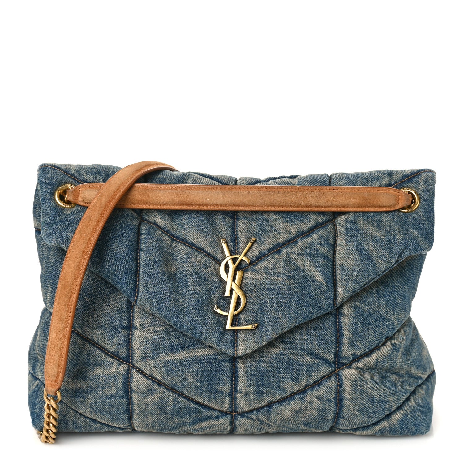 Saint Laurent Denim Quilted Toy Loulou Puffer Monogram Chain Satchel Blue Cinnamon 1 of 10