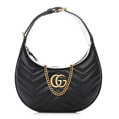 Gucci Calfskin Matelasse Chevron Mini GG Marmont Half Moon Hobo Black 1 of 10