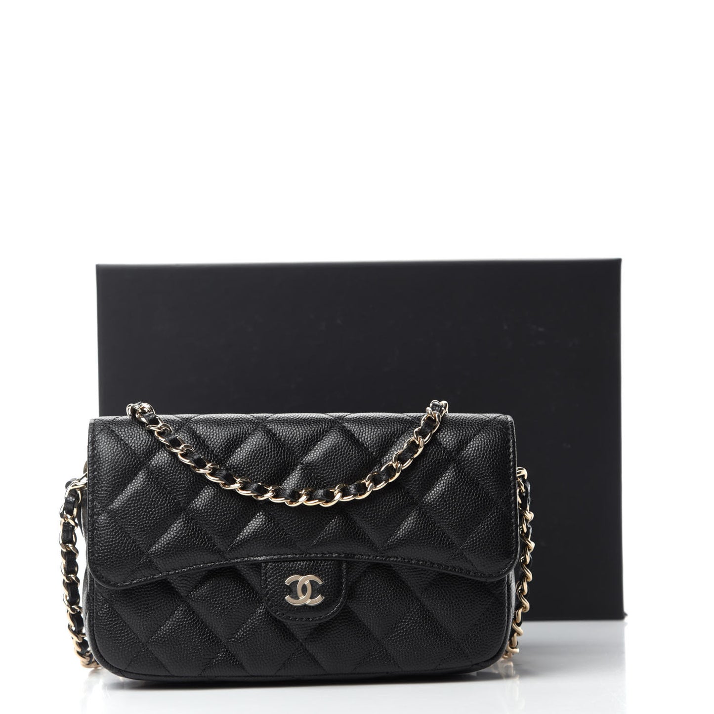 Caviar Quilted Flap Phone Holder With Chain Black