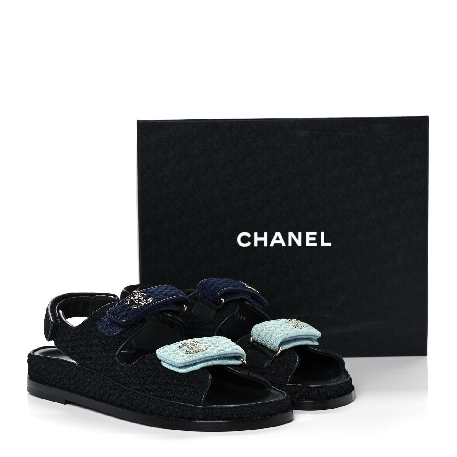Chanel Knit Fabric Velcro Dad Sandals 41 Black Dark Blue Light Blue 10 of 10