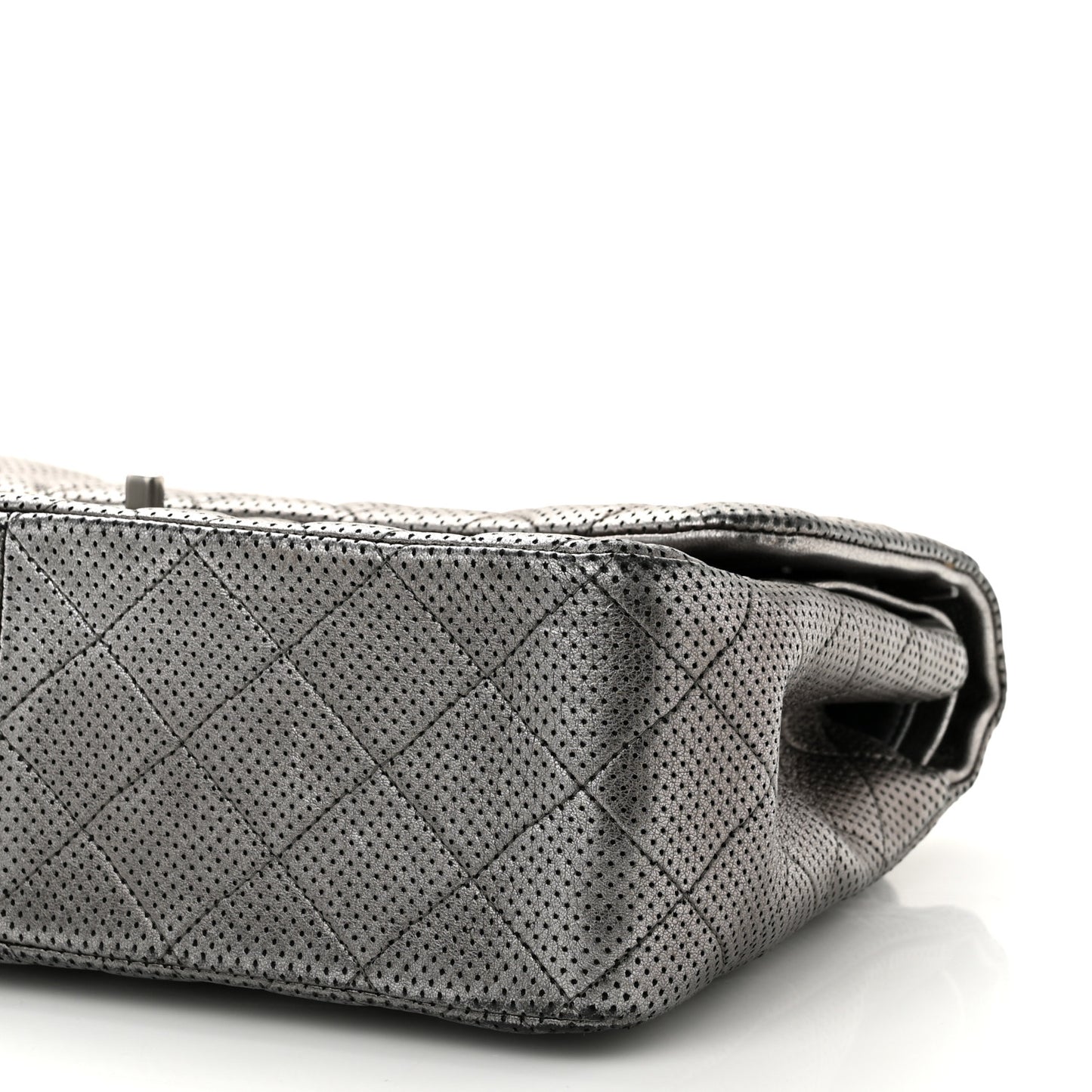 Metallic Perforated Lambskin Quilted Jumbo Double Flap Dark Silver