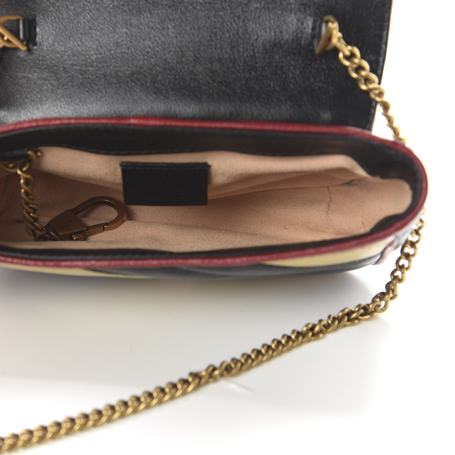 Gucci Vintage Effect Calfskin Matelasse Diagonal Striped Super Mini Torchon GG Marmont Shoulder Bag Black Beige 4 of 10