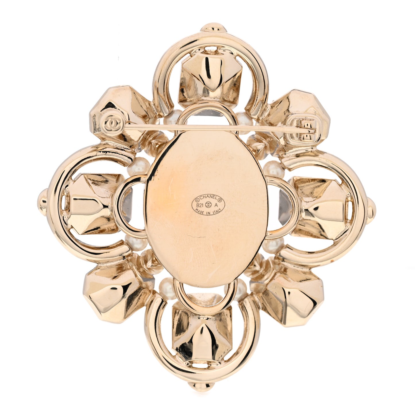 Pearl Crystal CC Brooch Pearly White Gold