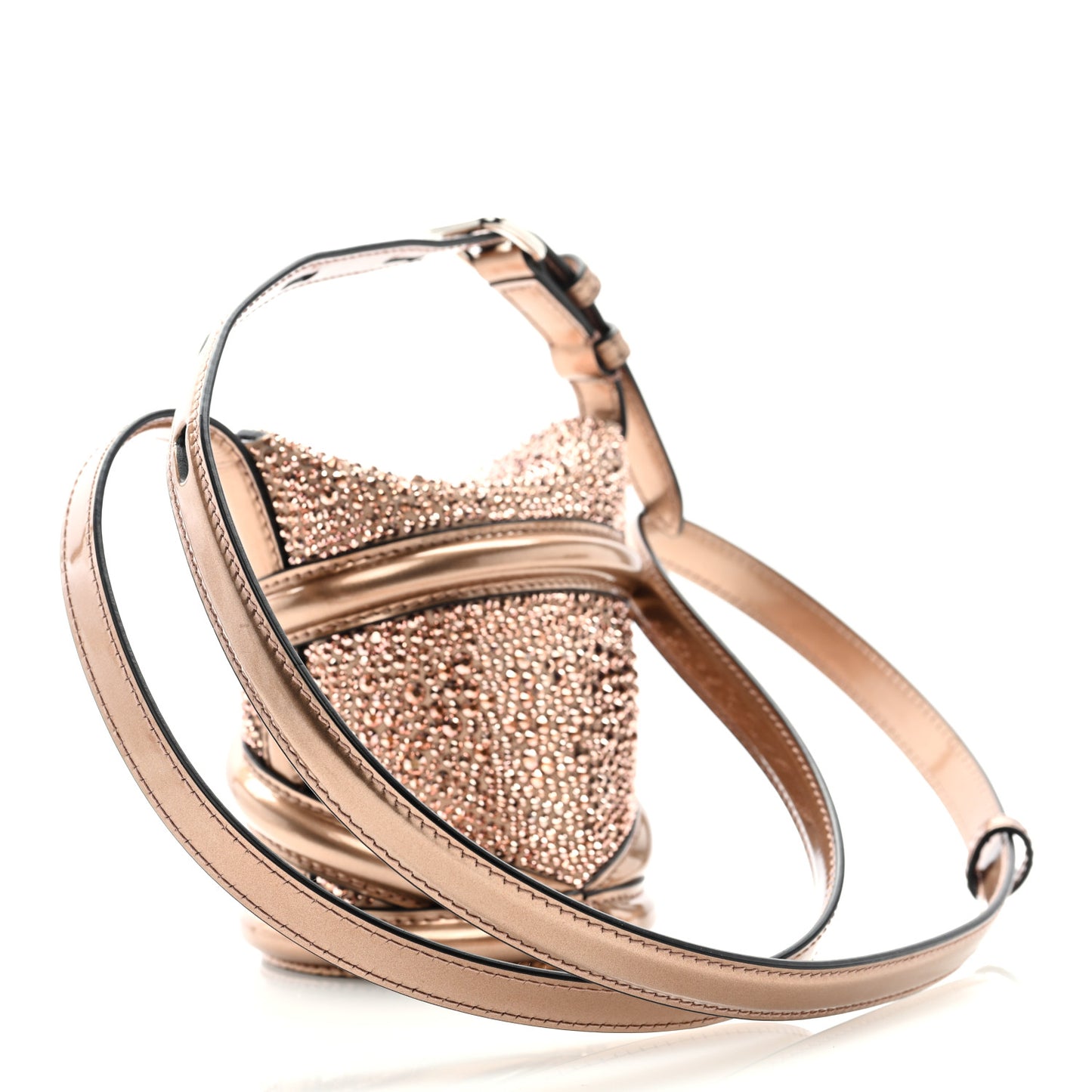 Metallic Calfskin Crystal Curve Bucket Bag Rose Gold