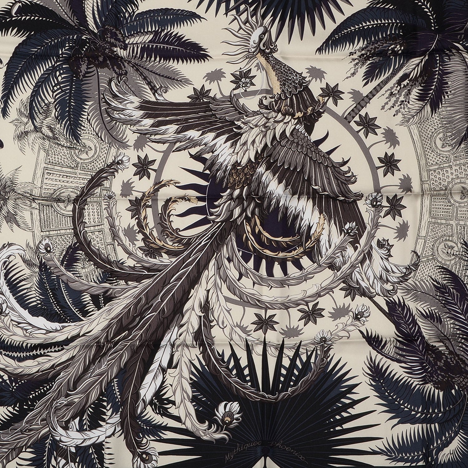 Hermes Silk Mythiques Phoenix Scarf 90 Vert Anthracite Vanille Auberg 1 of 6