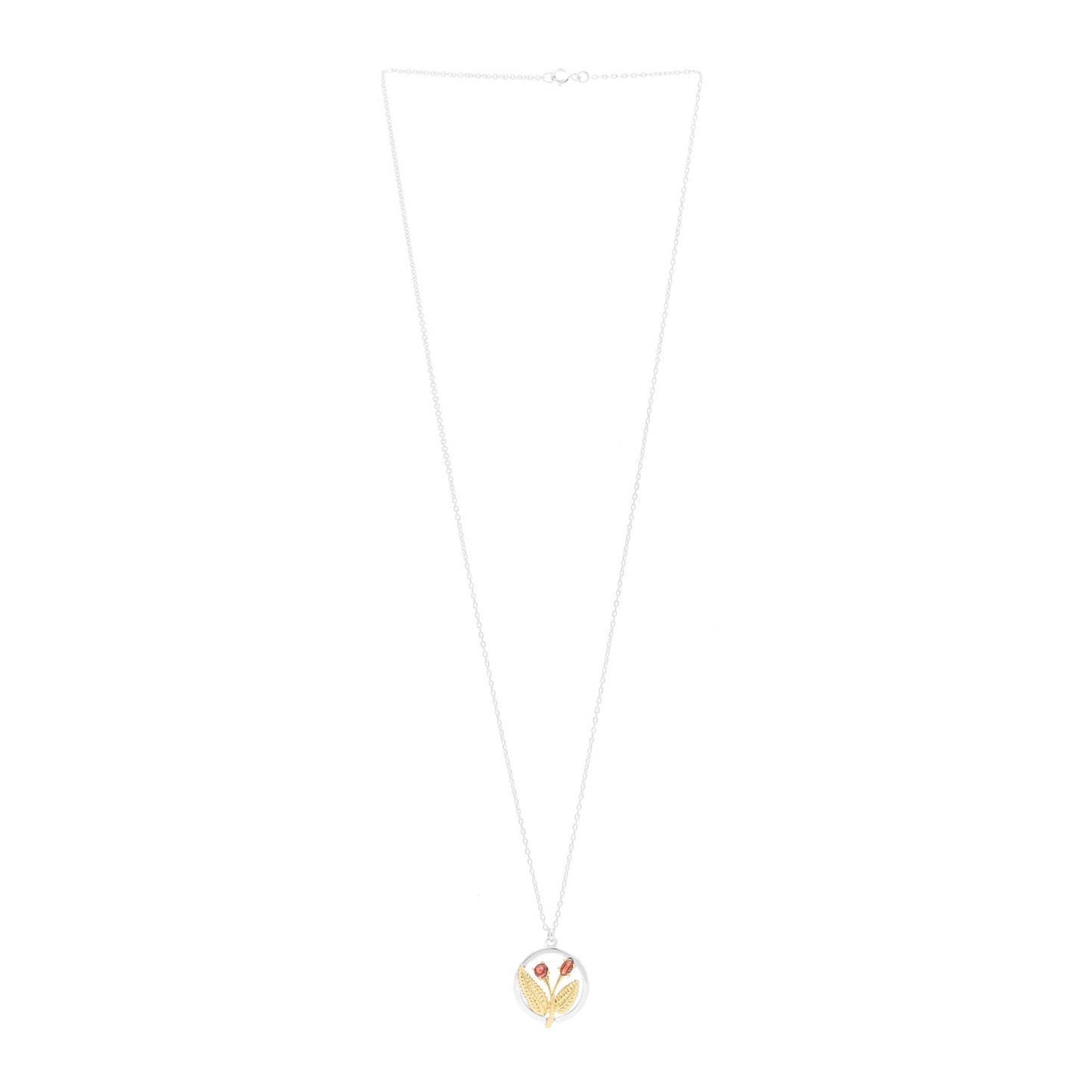 Sterling Silver 18K Yellow Gold Garnet Leaf Pendant Necklace