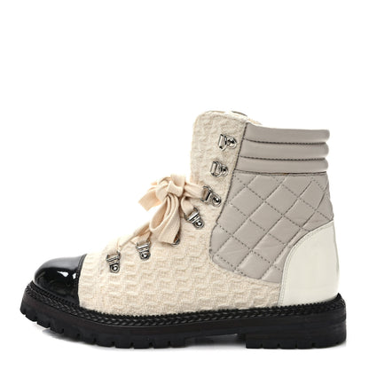 Chanel Tweed Patent Cap Toe Lace Up Short Boots 39.5 White 1 of 10