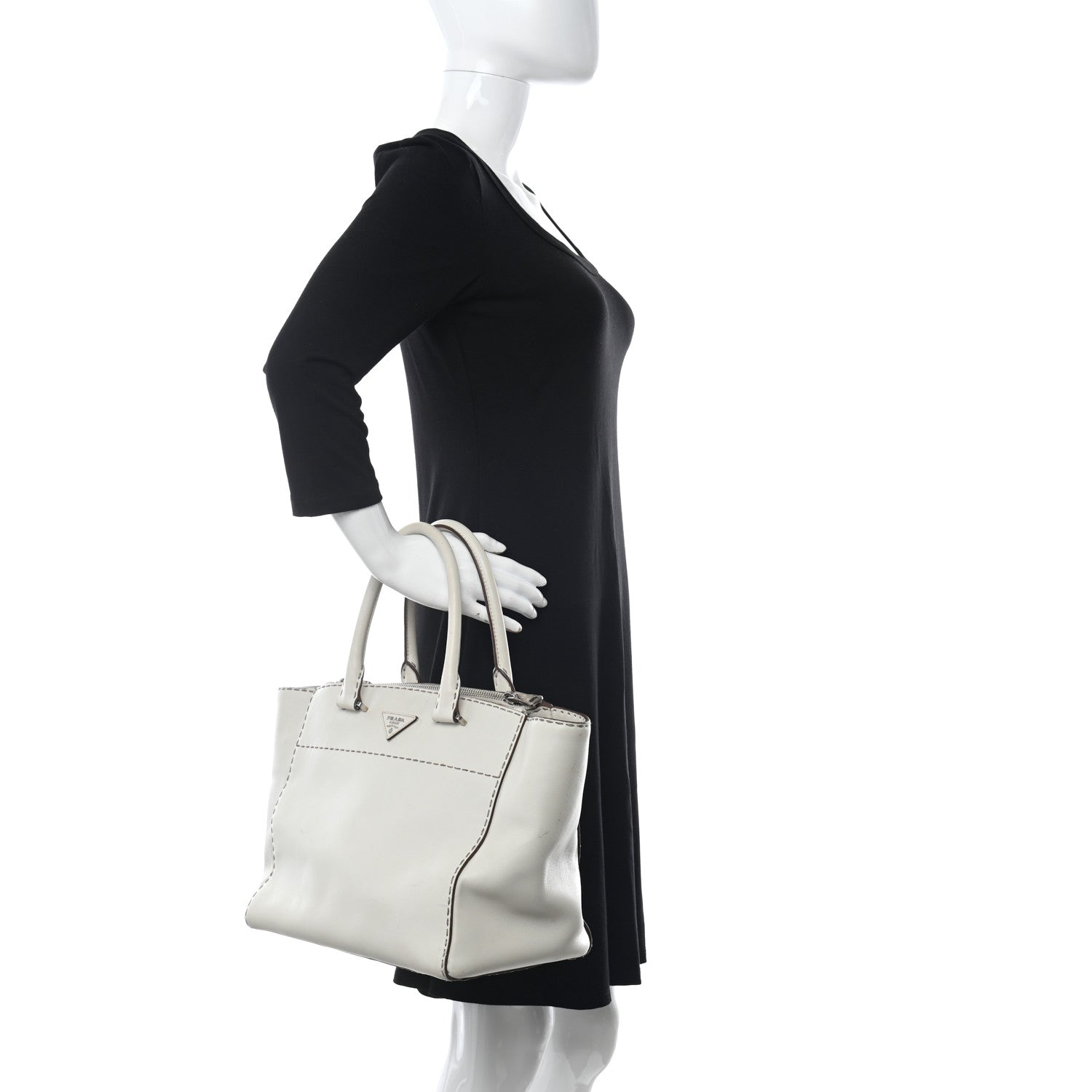 Prada City Calf Small Hand Stitched Galleria Double Zip Tote White 2 of 17