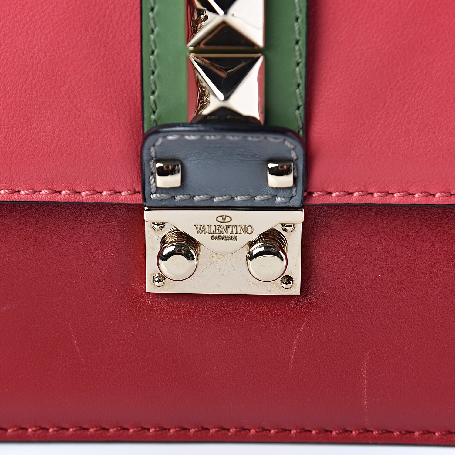Valentino Garavani Vitello Medium Glam Lock Rockstud Flap Deep Rose Scarlet Grey Green 9 of 10