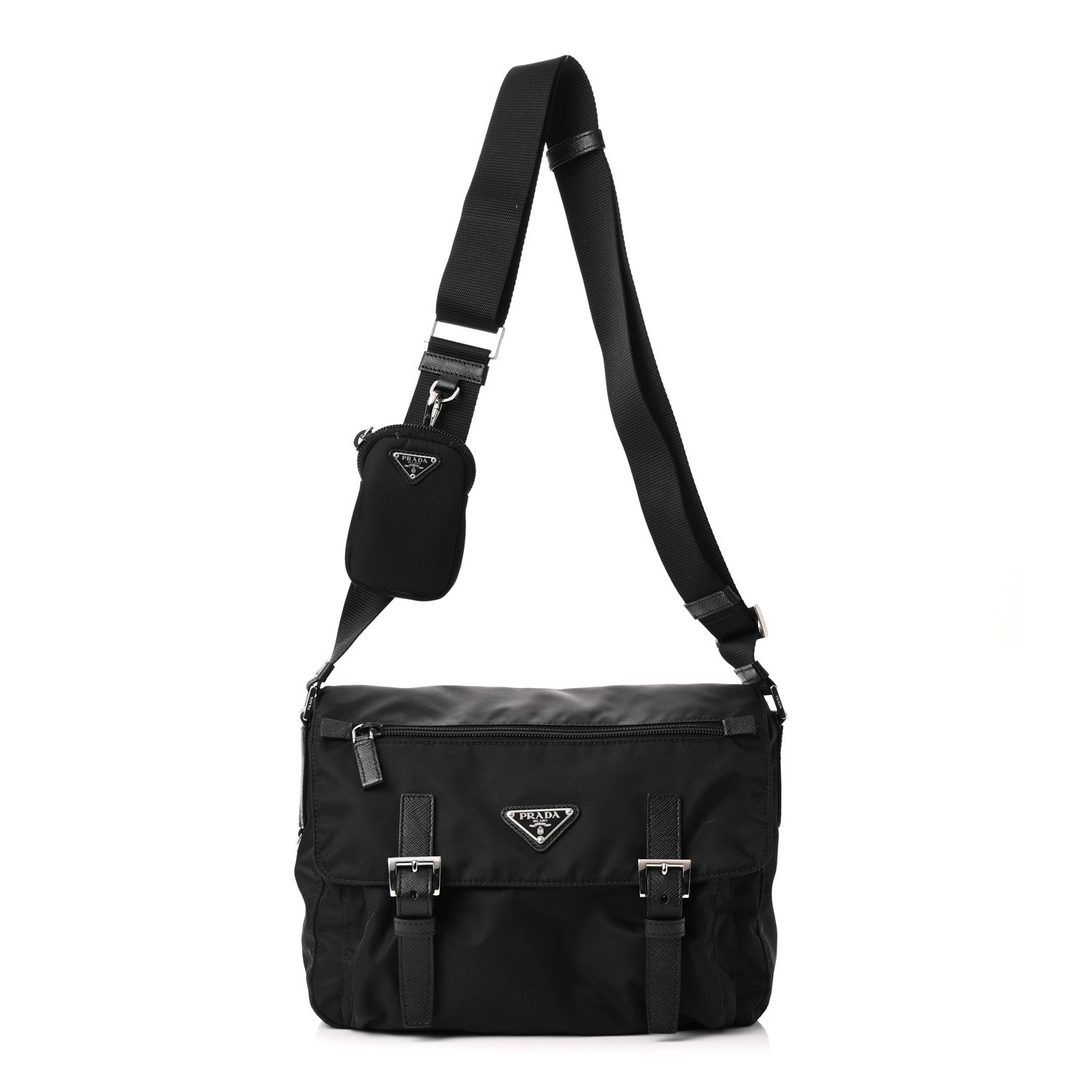 Prada Re-Nylon Vela Saffiano Pocket Double Buckle Messenger Shoulder Bag Black 1 of 8