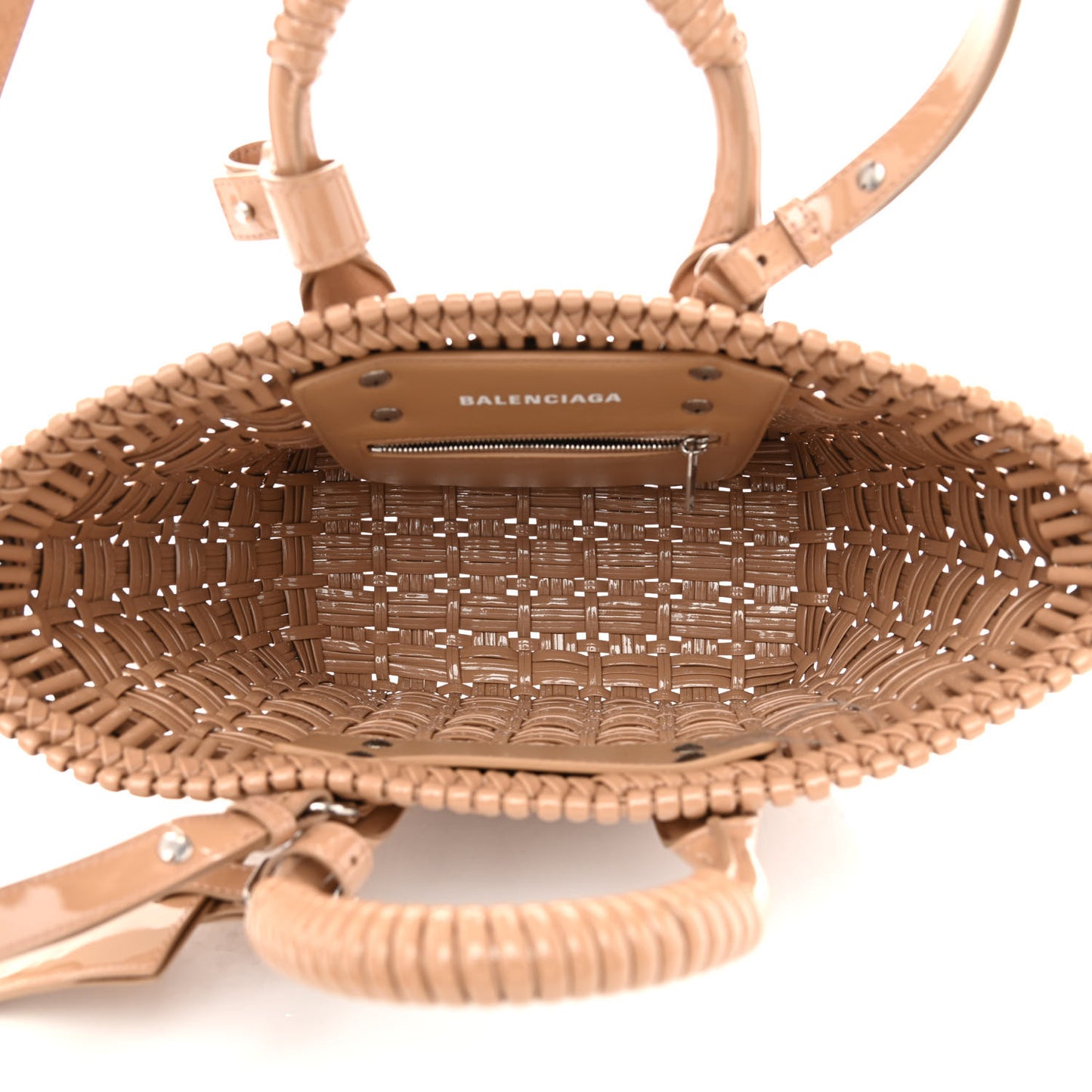 Varnished Faux Calfskin Braided XS Bistro Basket Beige