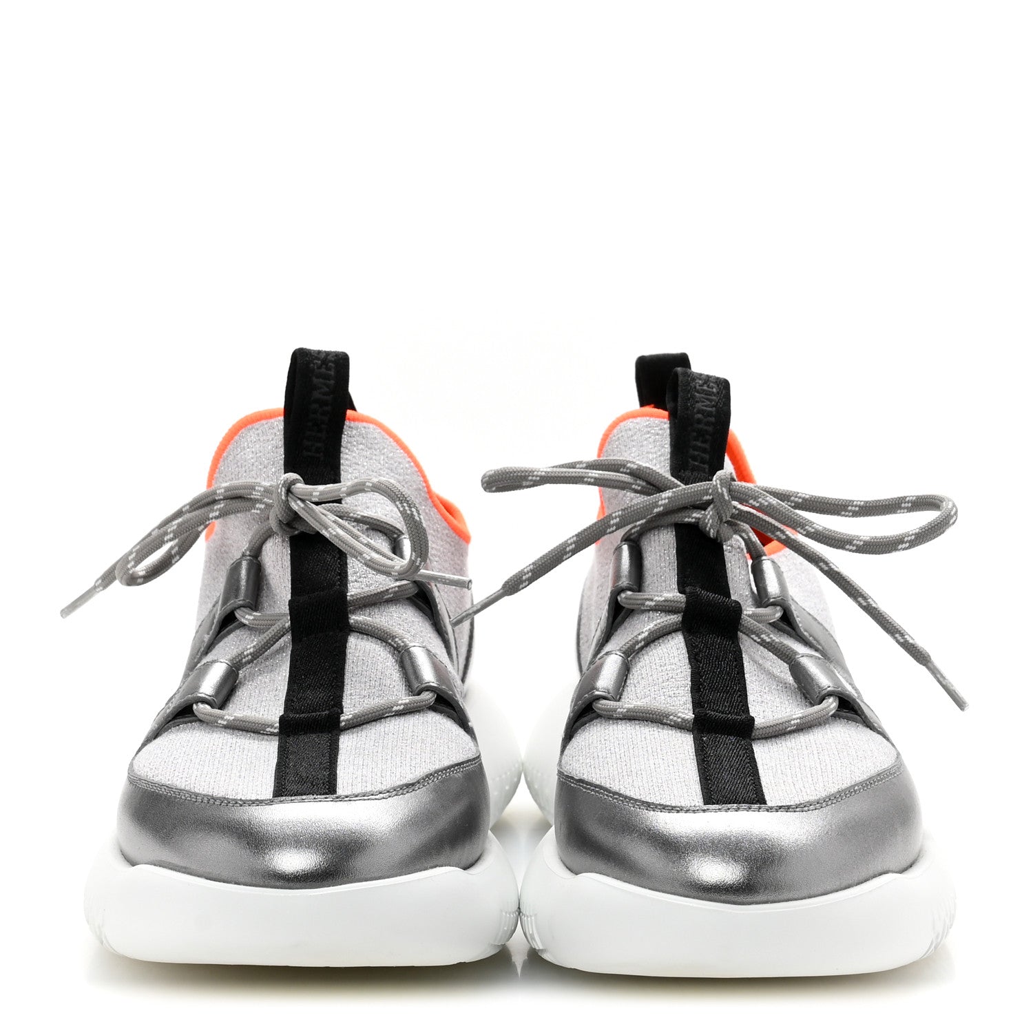 Hermes Knit Metallic Calfskin Womens Duel Sneakers 38 Argent Orange Black 3 of 11