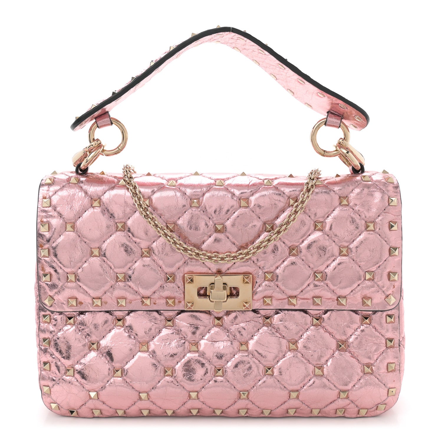 Valentino Garavani Metallic Wrinkled Lambskin Medium Rockstud Spike Shoulder Bag Lipstick 1 of 10
